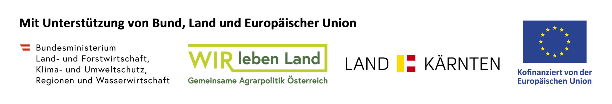 Logoleiste - Mit Unterstützung von Bund, Land und Europäischer Union – Logos von Bundesministerium Land- und Forstwirtschaft, WIR leben Land, Land Kärnten und der Europäischen Union
