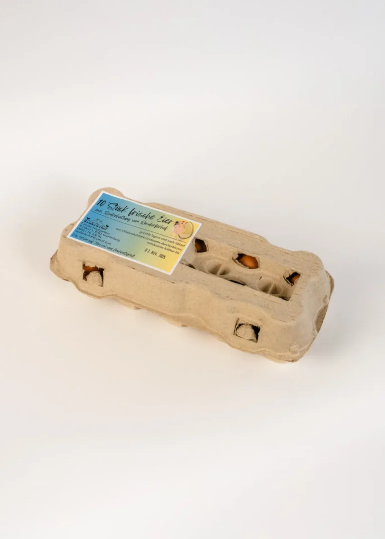 Ein Eierkarton vom Rasdorferhof in Kärnten liegt auf weißem Untergrund. Durch Öffnungen sieht man braune Bio Eier aus Freilandhaltung. | Eier kaufen