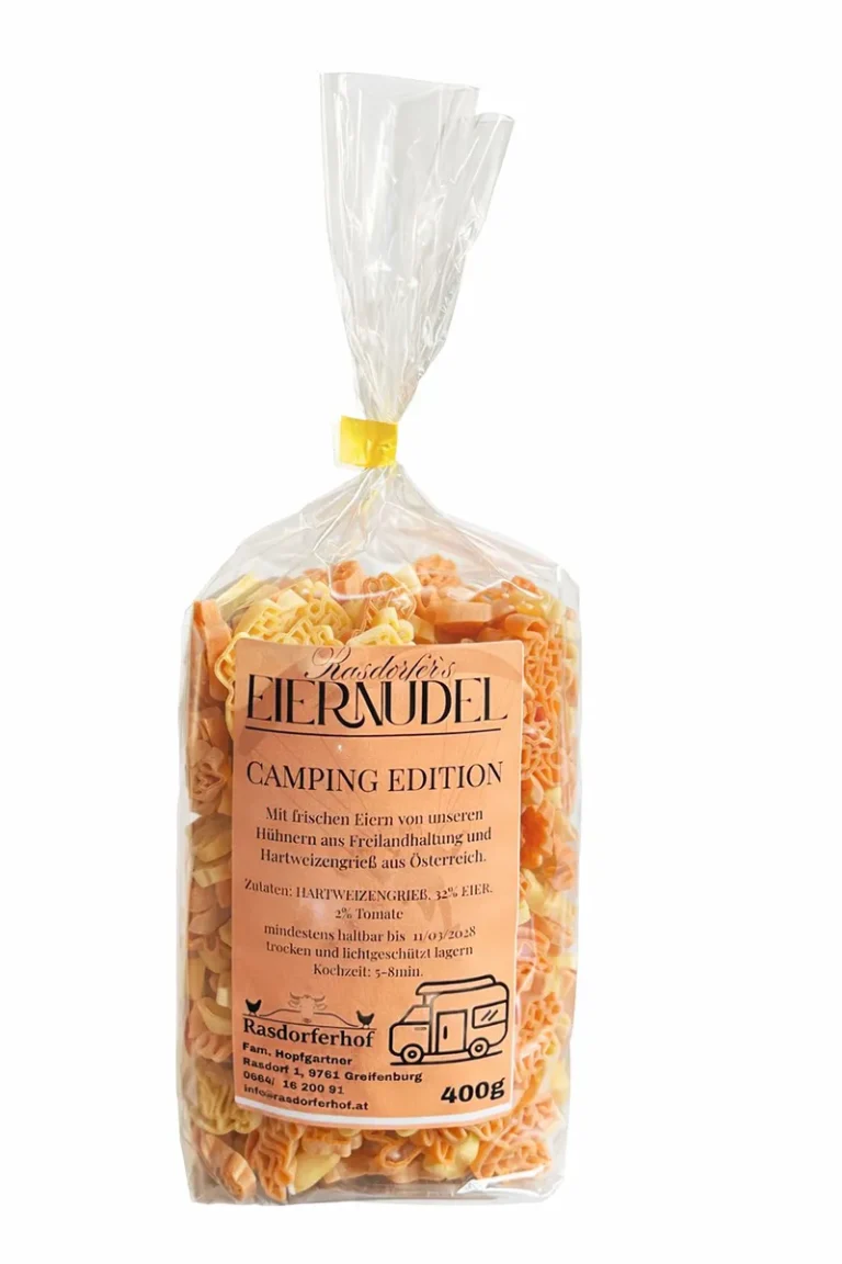 Rasdorferhof Eiernudeln Camping Edition 400g – handgemachte Nudeln aus Österreich mit Etikett auf Verpackung