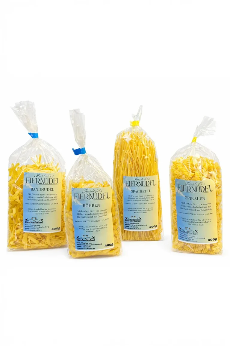 Rasdorfer’s Pastapaket mit vier Sorten Hausgemachte Eiernudel – Bandnudeln, Röhren, Spaghetti und Spiralnudeln – liebevoll hergestellt am Bauernhof in Kärnten.