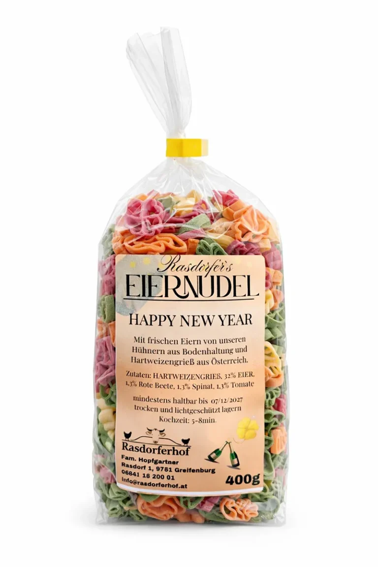 Packung Rasdorfer’s Silvesternudel, 400 g – hausgemachte Eiernudel mit frischen Eiern vom Rasdorferhof in Kärnten, hergestellt aus Hartweizengrieß und Eiern aus Bodenhaltung