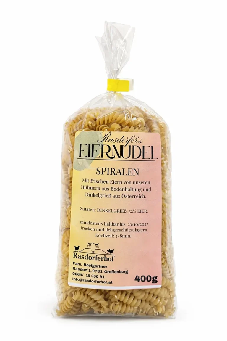 Packung Rasdorfer’s Eiernudel Spiralen Dinkel, 400 g – hausgemachte Dinkelnudeln mit frischen Eiern vom Rasdorferhof in Kärnten, hergestellt aus Dinkelgrieß und Eiern aus Bodenhaltung