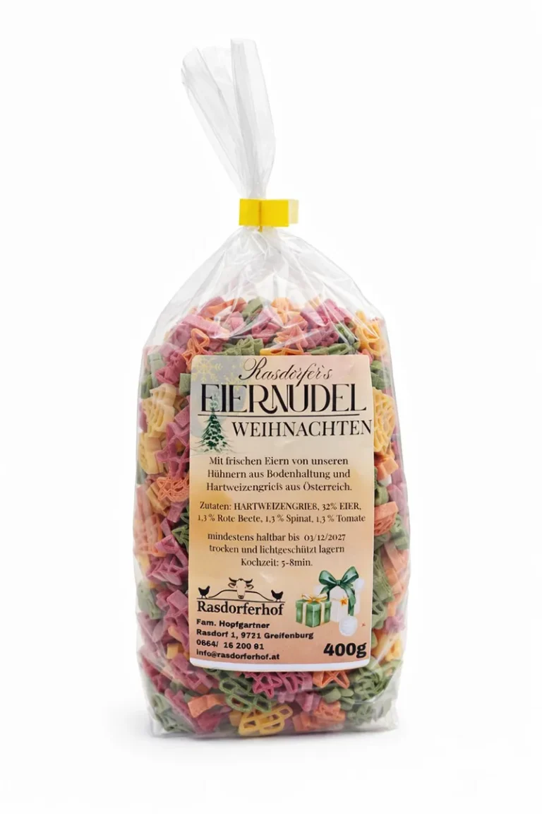 Packung Rasdorfer’s Weihnachtsnudel, 400 g – hausgemachte Eiernudel mit frischen Eiern vom Rasdorferhof in Kärnten, hergestellt aus Hartweizengrieß und Eiern aus Bodenhaltung
